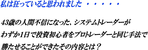 日経225先物　自動売買プログラム「ウルトラリベロ」
 私は狂っていると思われました・・・・・

４３歳の人間不信になった、システムトレーダーが
わずか１日で投資初心者をプロトレーダーと同じ手法で
勝たせることができたその内容とは？
